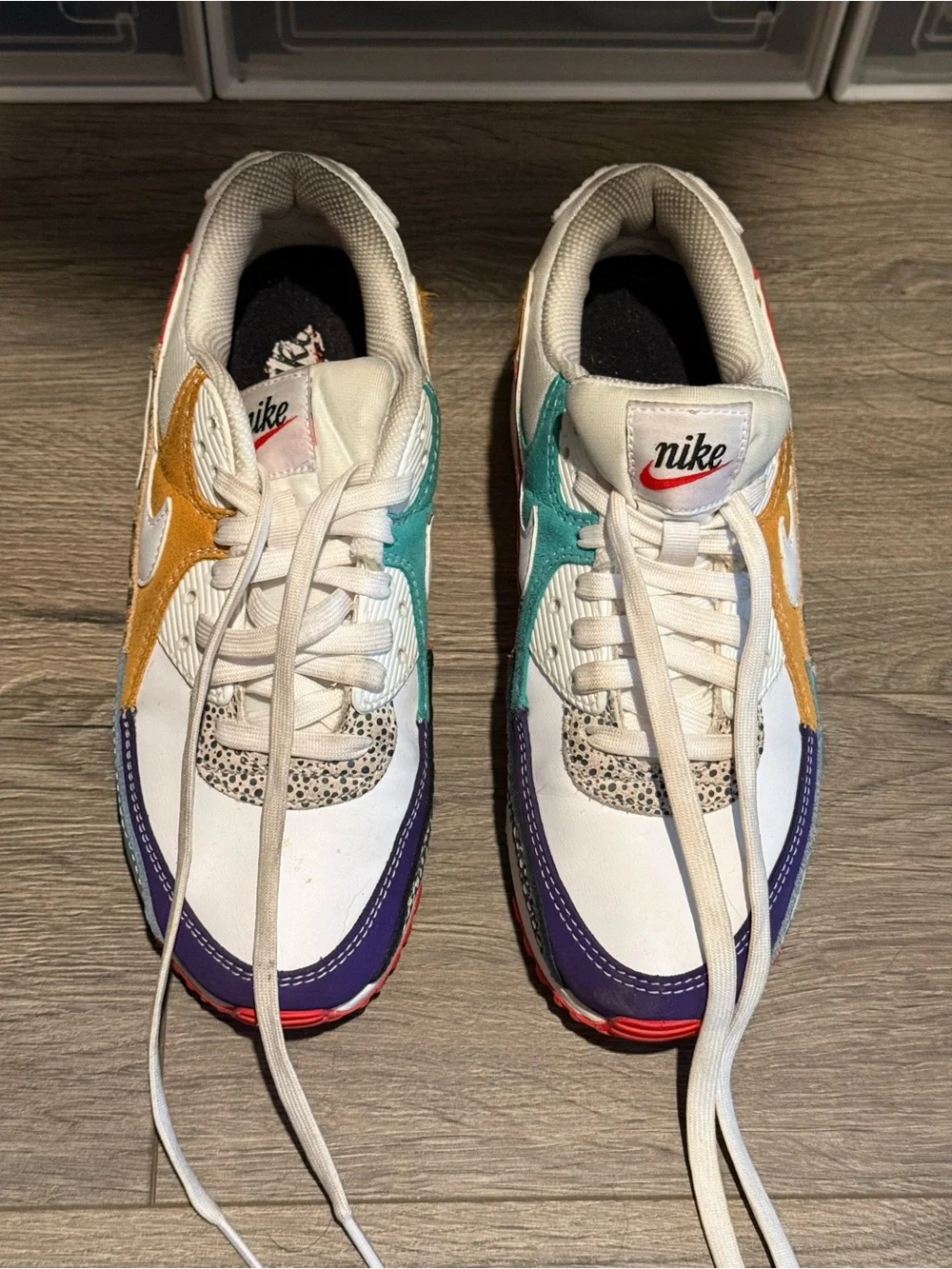 Nike White Sneakers with Purple, Teal & Mustard Accents